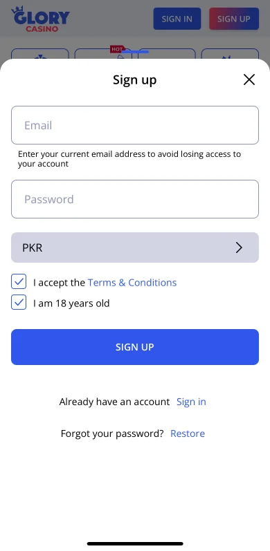 Sign up screenshot